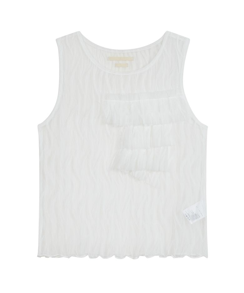Mesh Ruffled Trim Sleeveless Top [White]