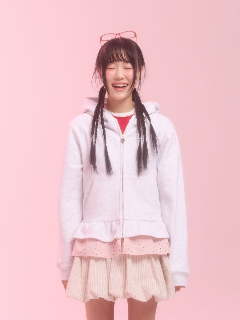 layerd ruffle hoodie_white melange
