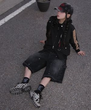 Garment Wash Double Knee Bermuda Pants Black