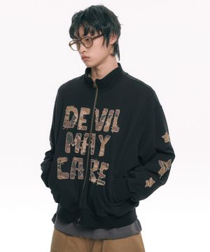 워시드 카모 아플리케 트랙 집업 - 블랙