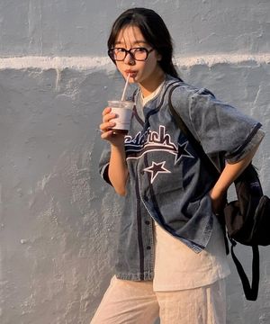 Star Logo Applique Baseball Shirts Blue