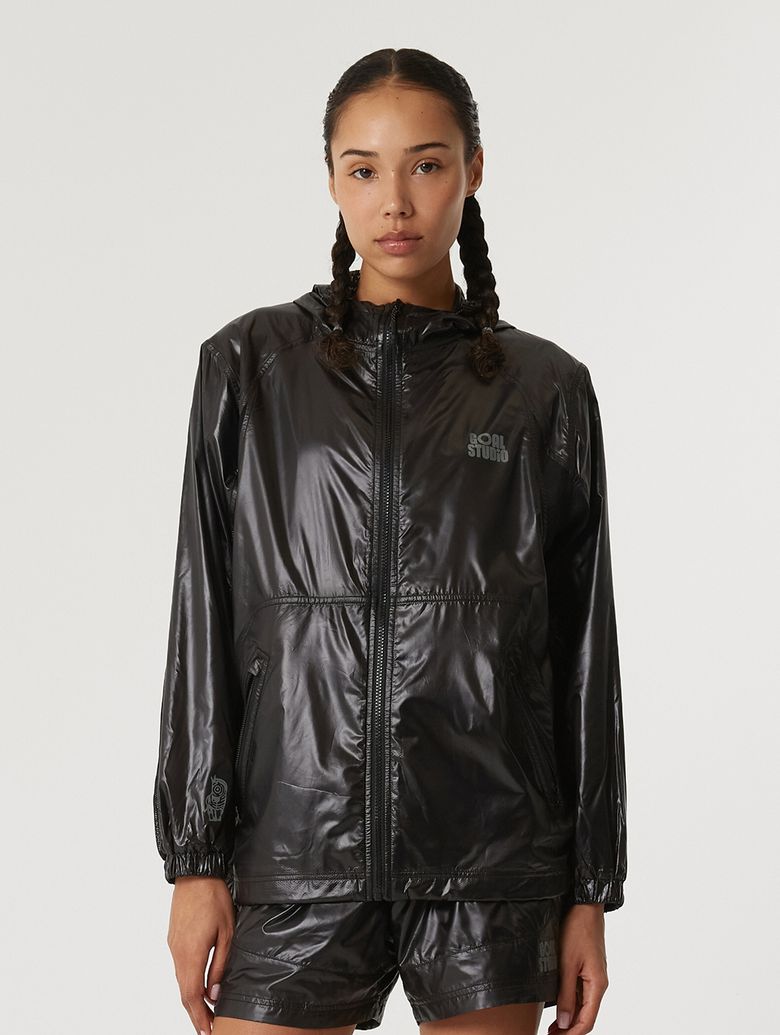 GLOSSY HOODED LIGHTWEIGHT JACKET-BLACK