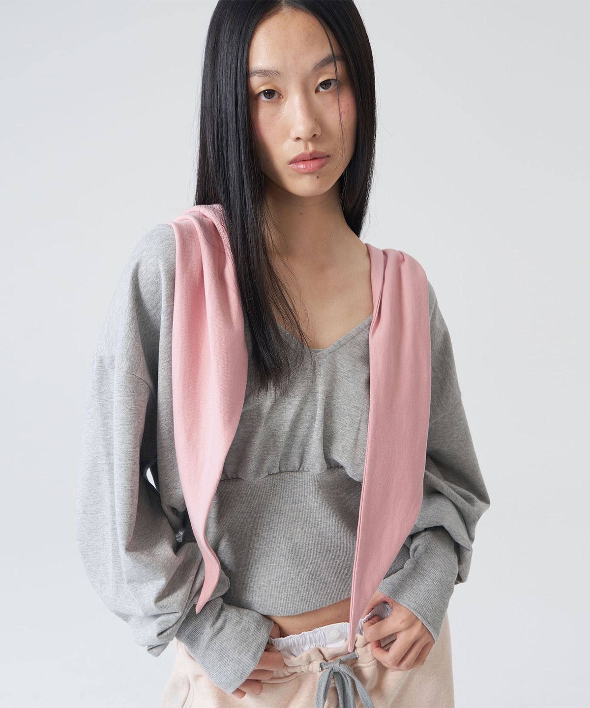 경(GYEONG) Tie Hooded Top_Gray & Pink