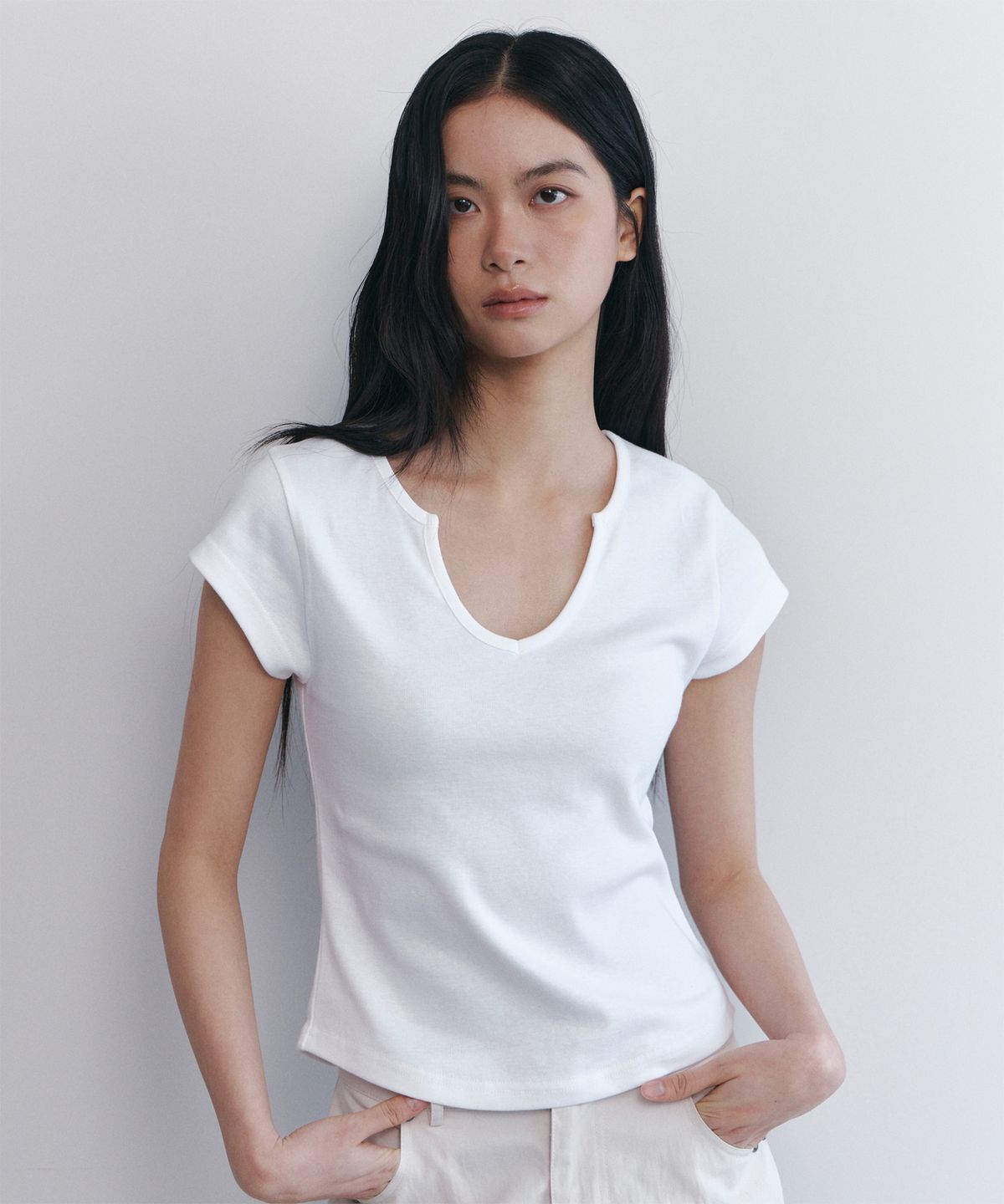 큐리티(CURETTY) C 90S LINE SLIT NECK HALF-SLEEVE T-SHIRT_WHITE