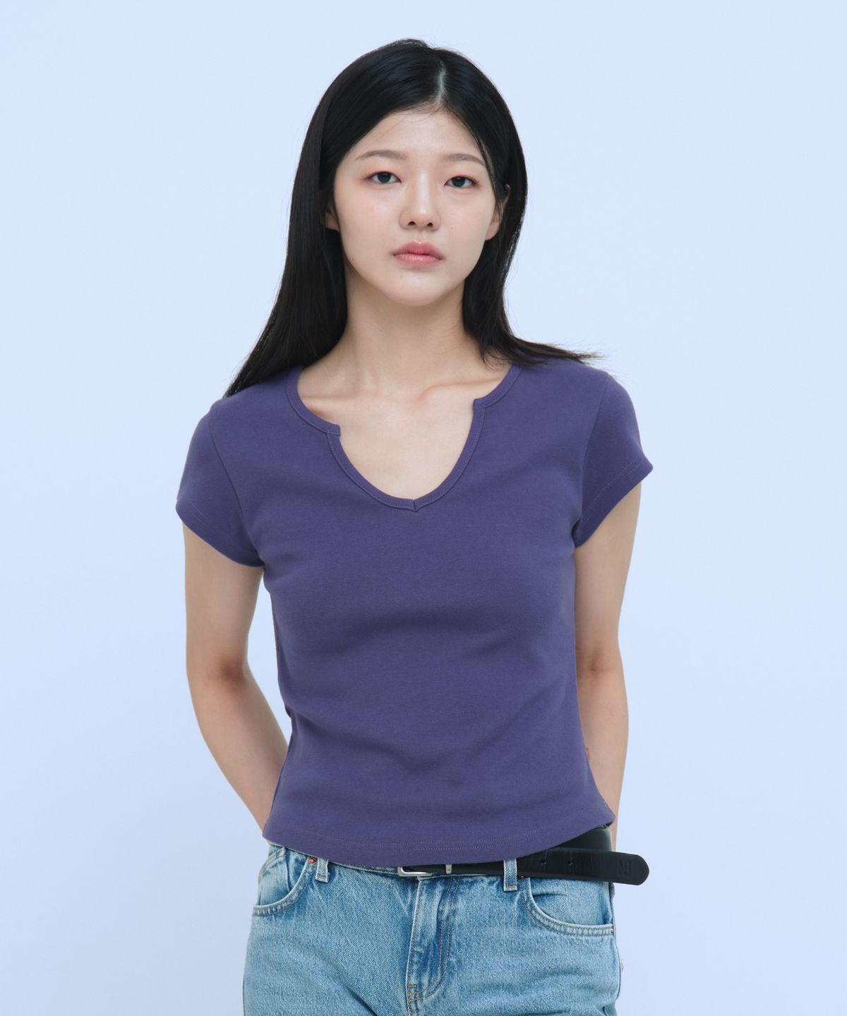 큐리티(CURETTY) C 90S LINE SLIT NECK HALF-SLEEVE T-SHIRT_PURPLE