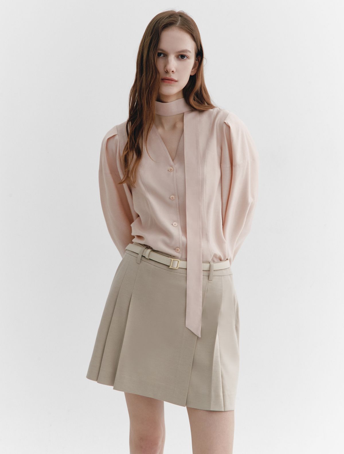 그레이데시온(GRAYDATION) Tie-decorated Puffed sleeve Blouse ROSE PINK