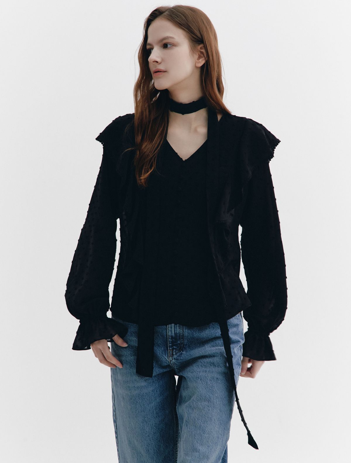 그레이데시온(GRAYDATION) Dot Uragiri Ruffled Blouse BLACK