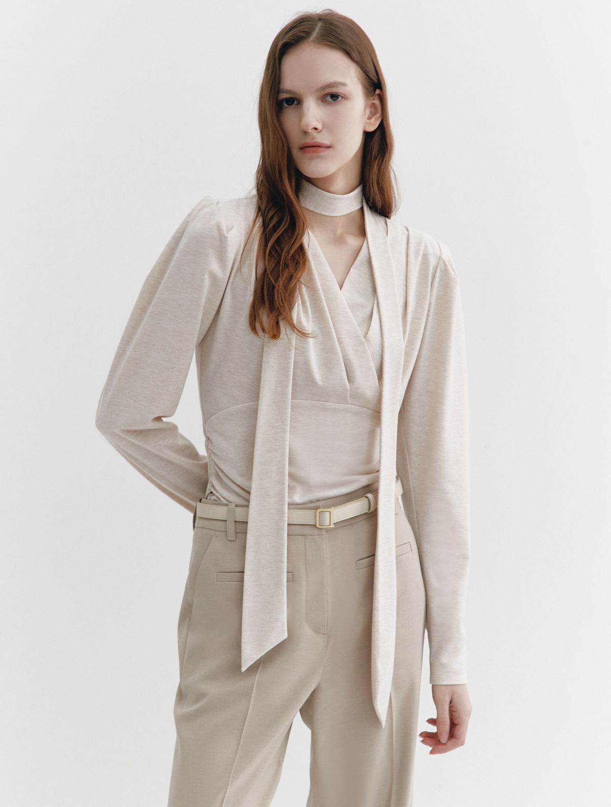 그레이데시온(GRAYDATION) Tie-decorated wrap T-blouse OATMEAL