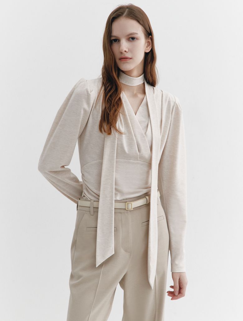 Tie-decorated wrap T-blouse OATMEAL