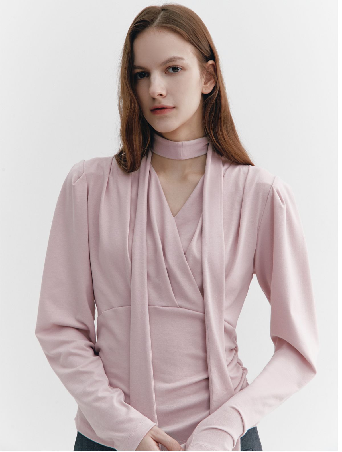 그레이데시온(GRAYDATION) Tie-decorated wrap T-blouse PINK