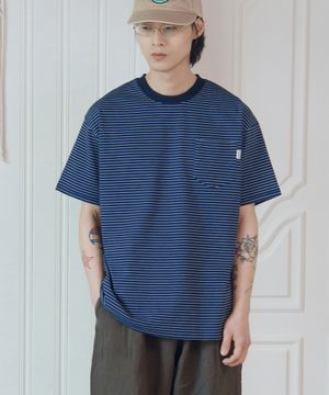 스트라이프 포켓 반팔티셔츠(네이비)