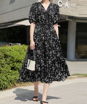 브이넥 플라워 리본 티어드 반팔 롱 원피스