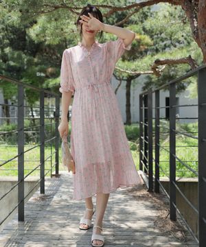 프릴 브이넥 플라워 플리츠 반팔 롱 원피스