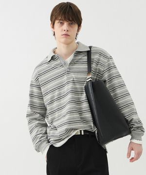 STRIPED COTTON POLO - MELANGE GREY