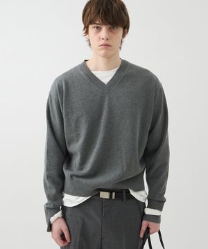 SLEEVE-CUT FINE COTTON V NECK SWEATER - MELANGE GREY