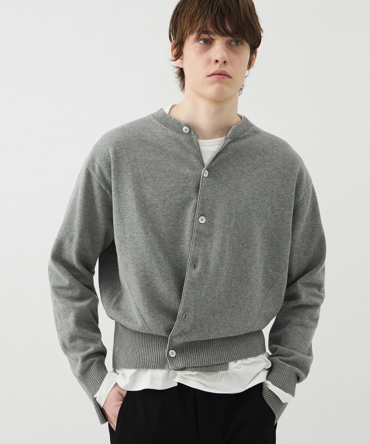 윈더(WINDER) SLEEVE-CUT FINE COTTON CARDIGAN - MELANGE GREY