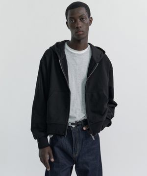 DOUBLE-RIB CROP HOODIE JACKET - BLACK