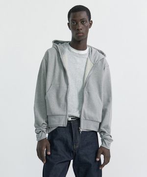 DOUBLE-RIB CROP HOODIE JACKET - MELANGE GREY