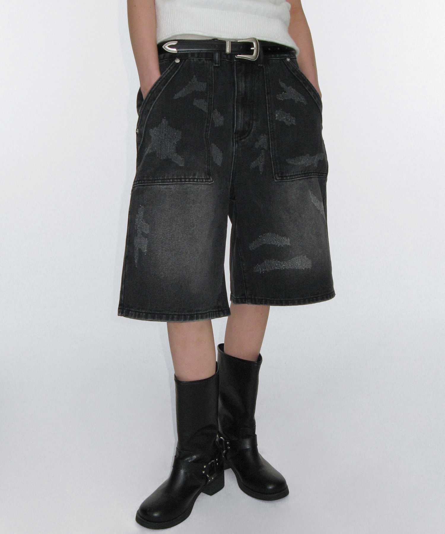 韓国女子 トレンド[ROCKCAKE] DAMAGED BERMUDA DENIM PANTS MUSINSA公式 | ROCKCAKE Damaged Bermuda Denim Pants - Black