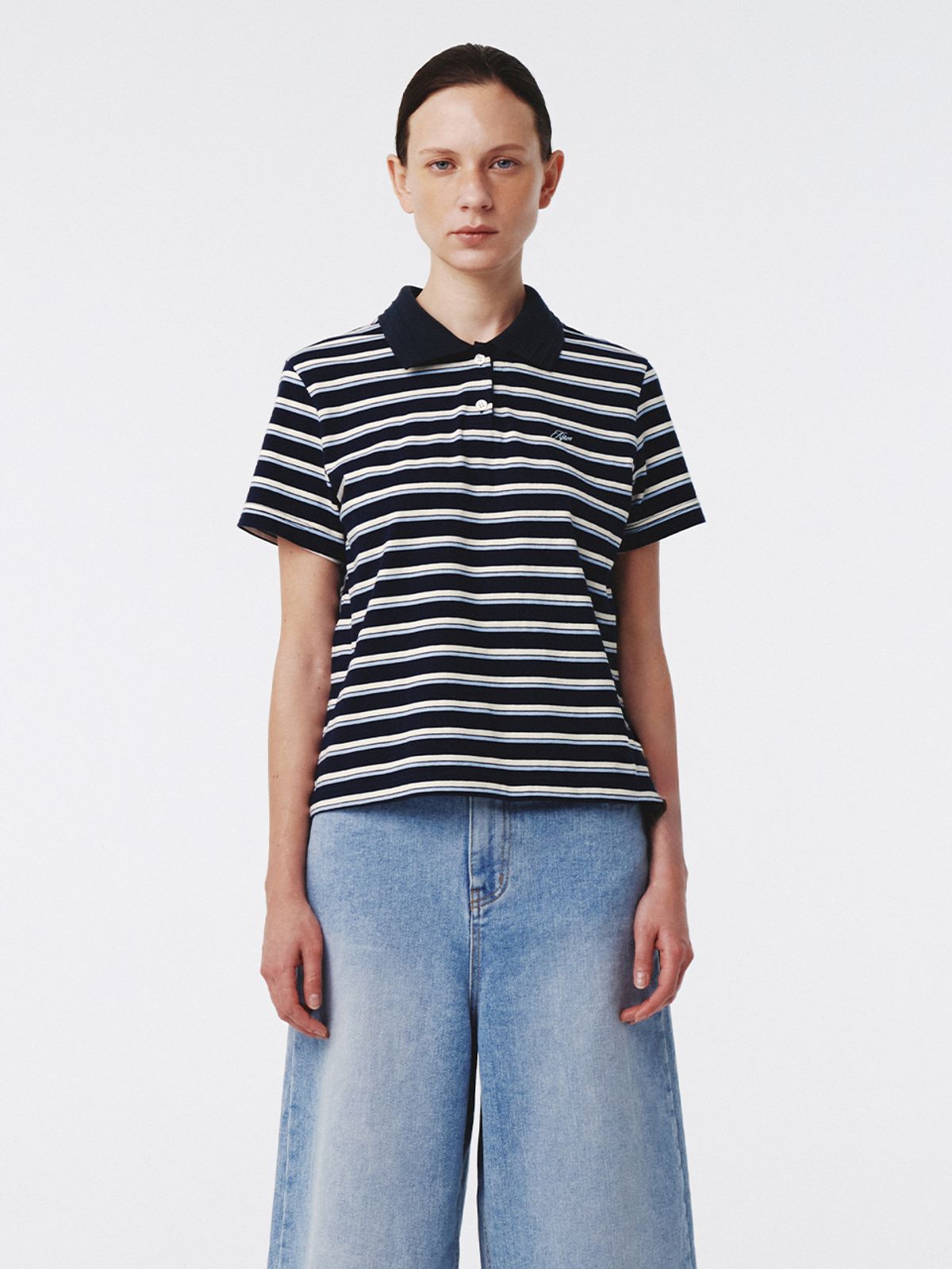 기준(KIJUN) Stripe Cotton Polo Shirt Navy