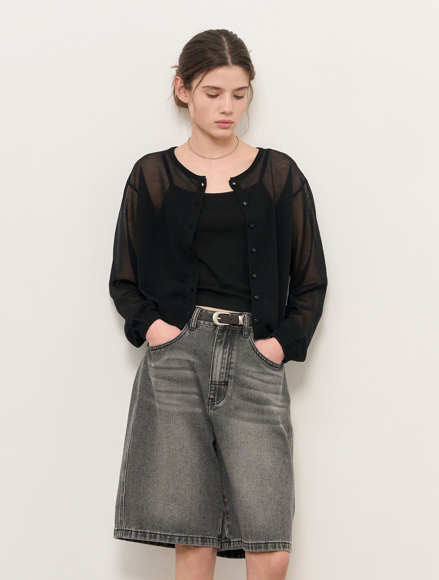 MUSINSA GENERAL IDEA Packable Sheer Long Sleeve Cardigan [BLACK