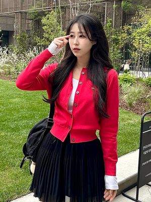 [유튜버 PICK] (우먼)에센셜 라운드 크롭 니트 가디건 [RED]