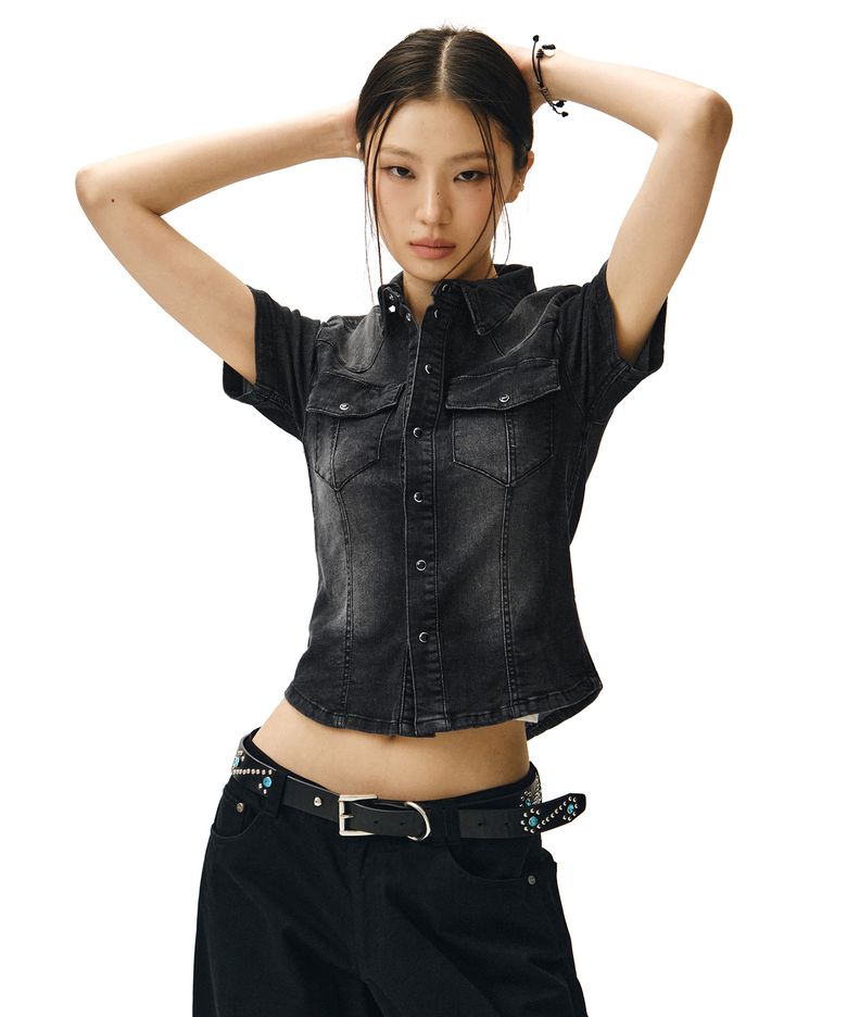 Western Slim Denim Short Shirts DCWSH002BlackA