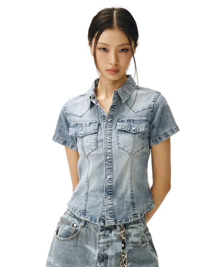 Western Slim Denim Short Shirts DCWSH002LBlueA