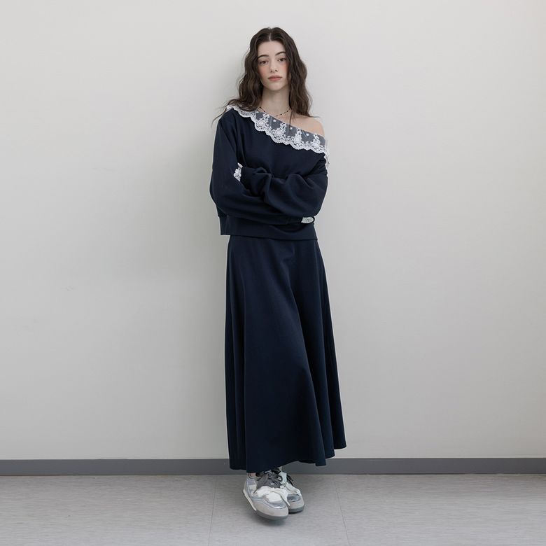 AR_Off shoulder lace sweatshirt and skirt set_NAVY