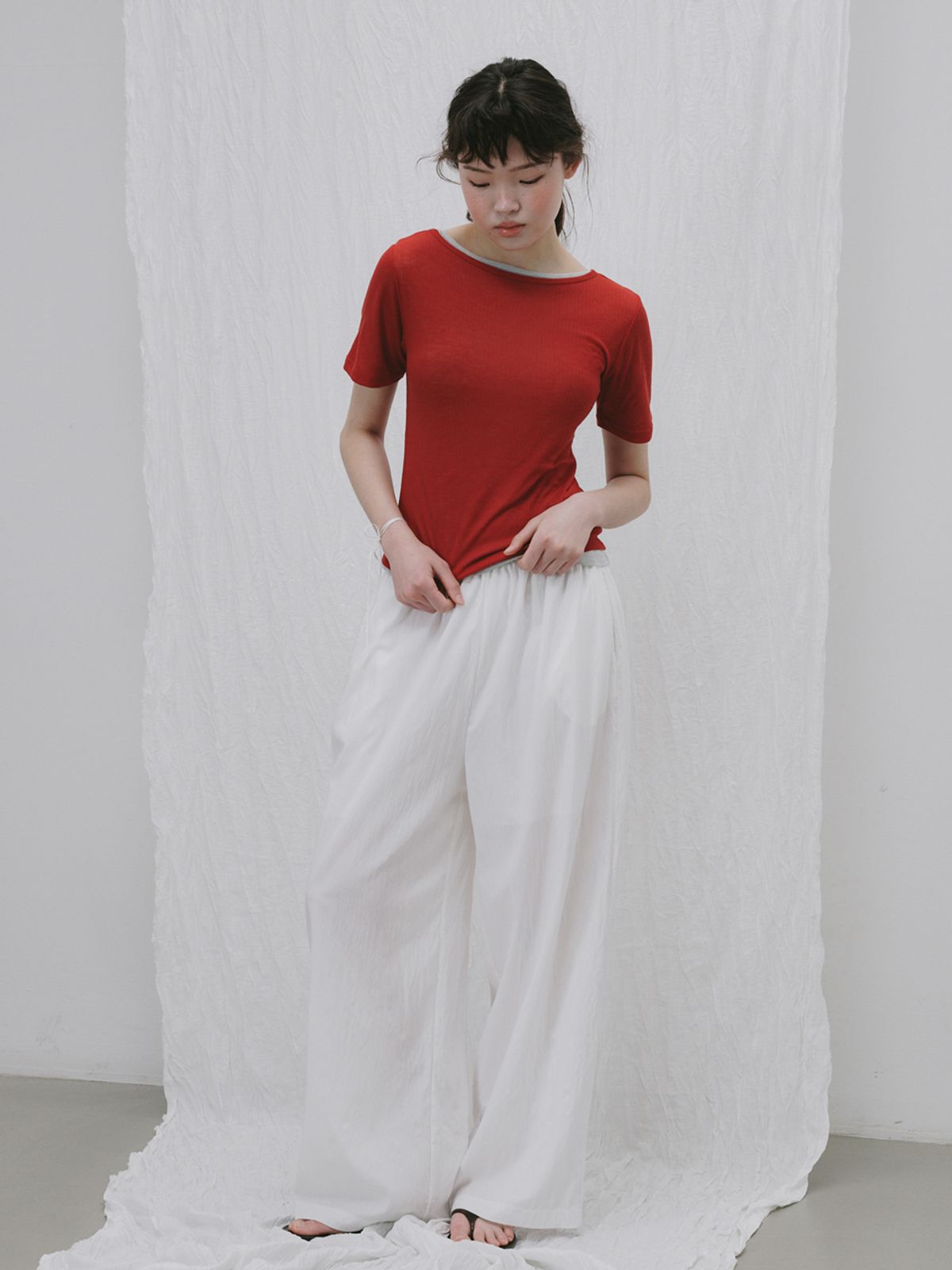 플라드주르(PLATDUJOUR) Wide banding pants (White)