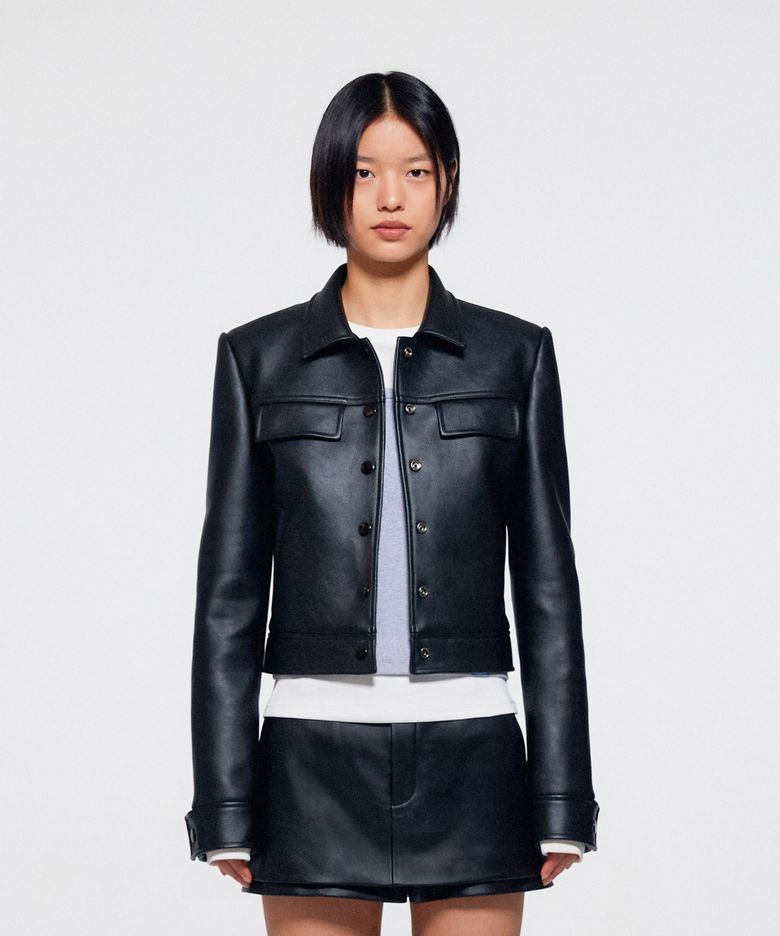 WOMEN CROPPED TRUCKER FAUX LEATHER JACKET - BLACK