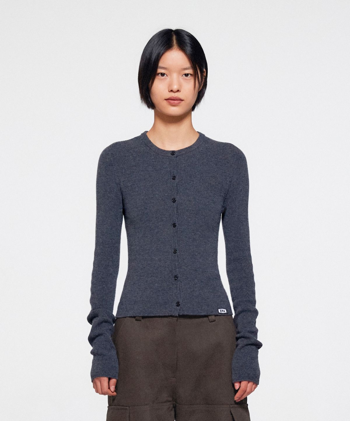 이알에이(ERA) WOMEN SLIM COLLARLESS KNIT CARDIGAN - GRAY