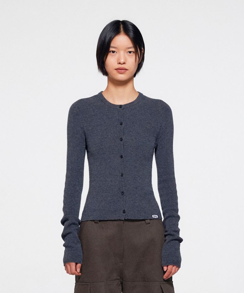 WOMEN SLIM COLLARLESS KNIT CARDIGAN - GRAY