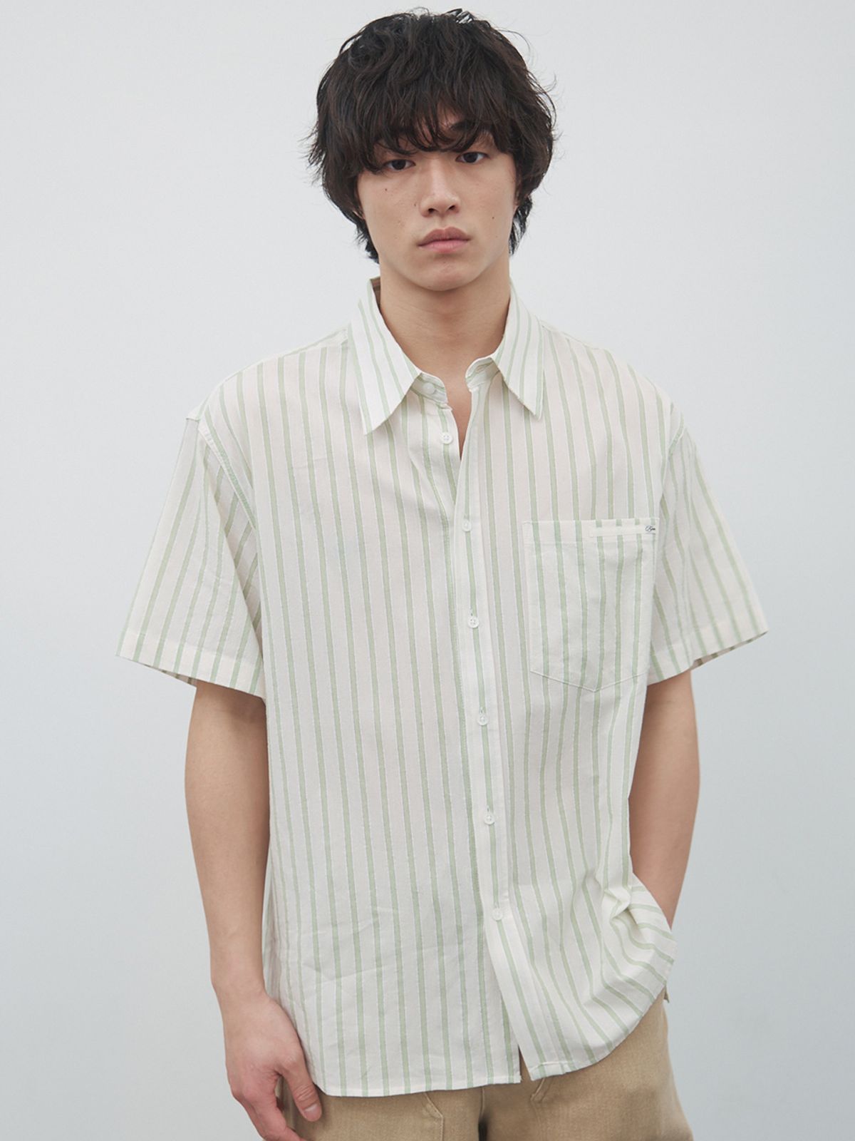 기준 맨(KIJUN MEN) Textured Cotton Stripe Half-Sleeve Shirt Light Green