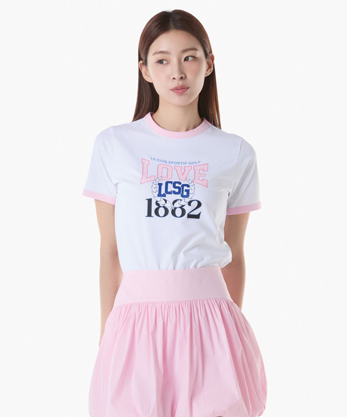 르꼬끄 골프(LECOQ GOLF) 여성 빅프린트 라운드넥 링거 반팔 티셔츠 (GQ222LRS41)