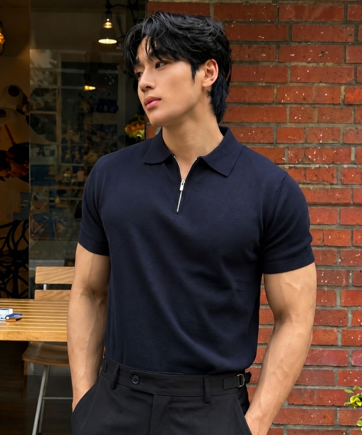 에르비노(HERVINO) 소프트 하프집업 머슬핏 카라 반팔 니트[다크네이비]