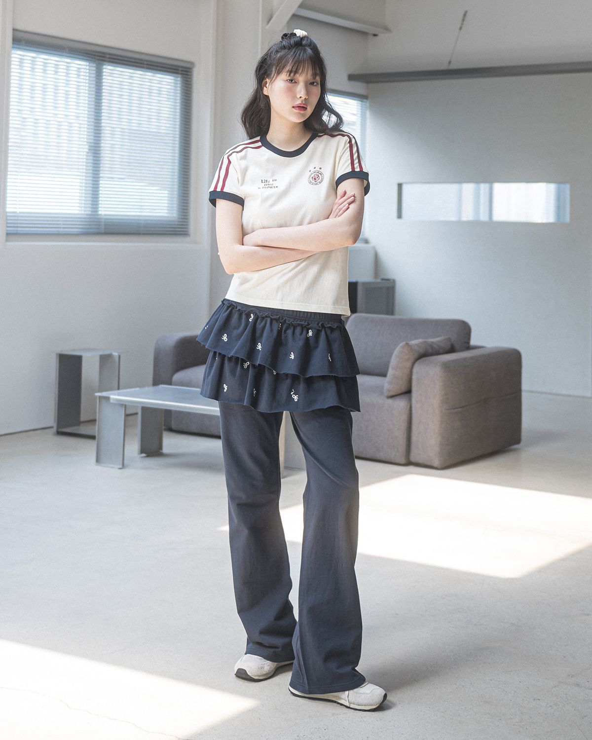 MUSINSA | HAVISM RIBBON LAYERED SWEAT SKIRT PANTS(NAVY)
