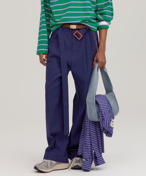 LINEN BELTED CHINO PANTS NAVY