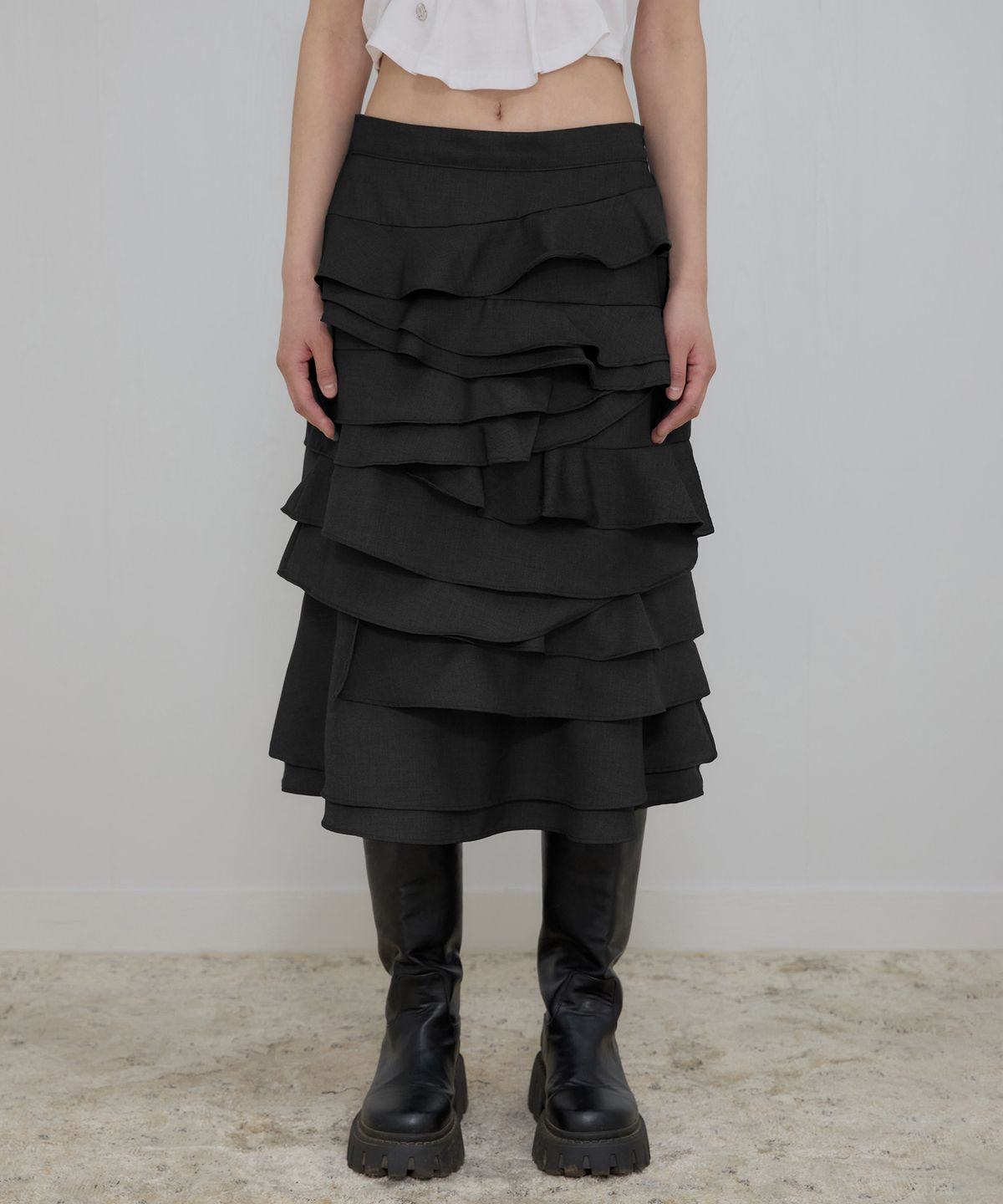 플레어업(FLAREUP) Faye Frill Midi Skirt (FL-246_Black)