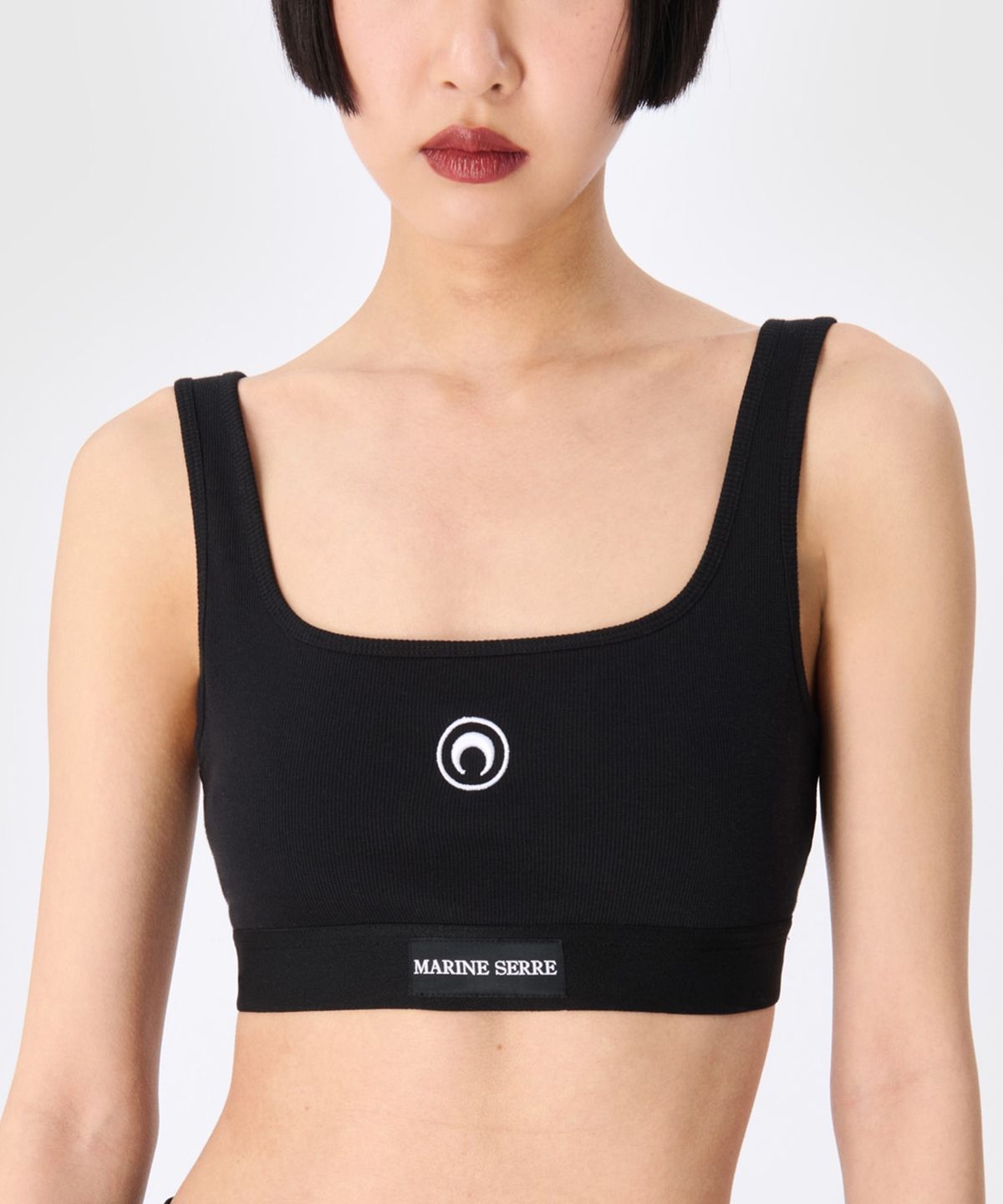 마린 세르(MARINE SERRE) (W) 문 로고 스트레치 저지 스포츠 브라 블랙 MOON LOGO STRETCHED JERSEY SPORT BRA