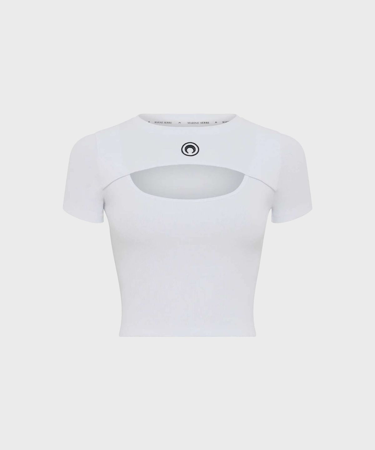 마린 세르(MARINE SERRE) (W) 문 로고 리 저지 컷아웃 티셔츠 화이트 MOON LOGO RIBBED JERSEY CUT-OUT T-SHIRT