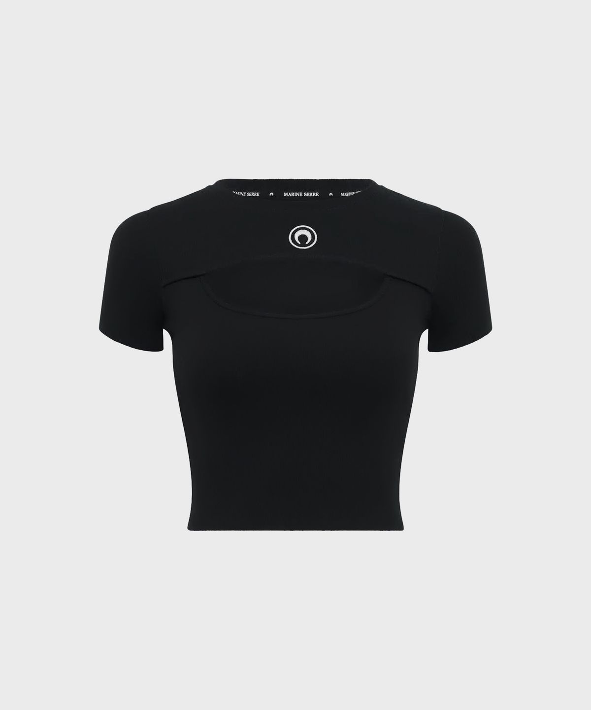 마린 세르(MARINE SERRE) (W) 문 로고 리 저지 컷아웃 티셔츠 블랙 MOON LOGO RIBBED JERSEY CUT-OUT T-SHIRT