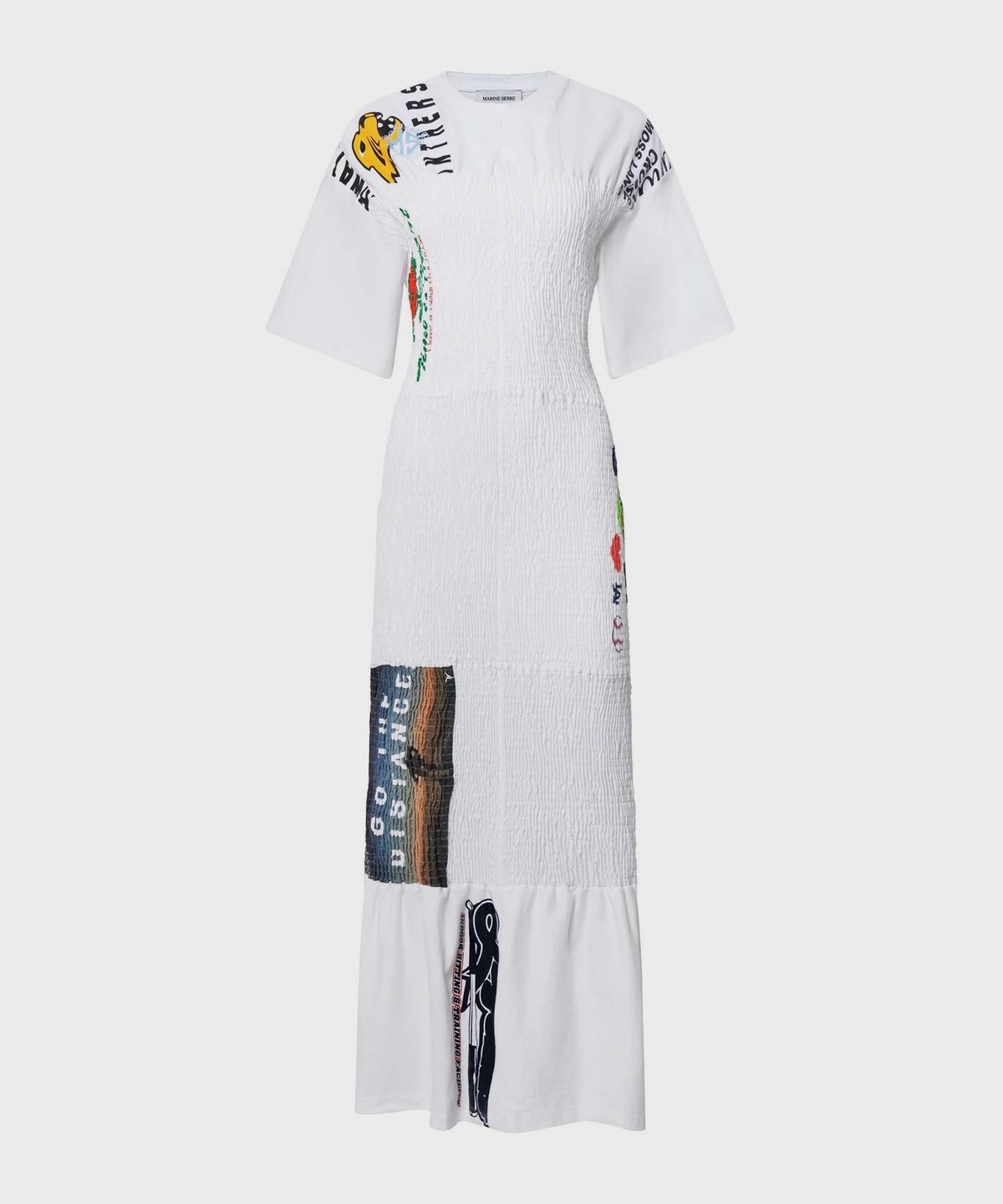 마린 세르(MARINE SERRE) (W) 업사이클드 셔링 티셔츠 화이트 UPCYCLED SHIRRED T-SHIRTS LONG FITTED DRESS