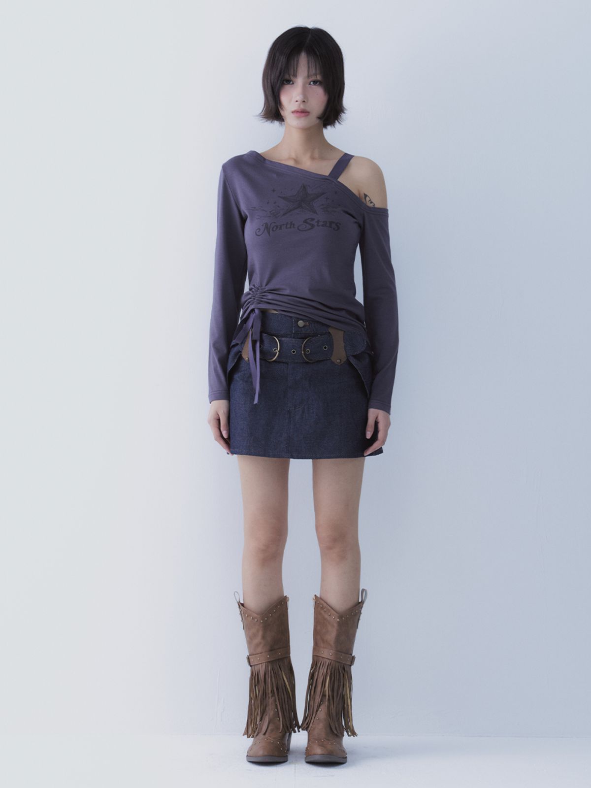 쎄쎄쎄(SETSETSET) BELTED INDIGO DENIM MINI SKIRT