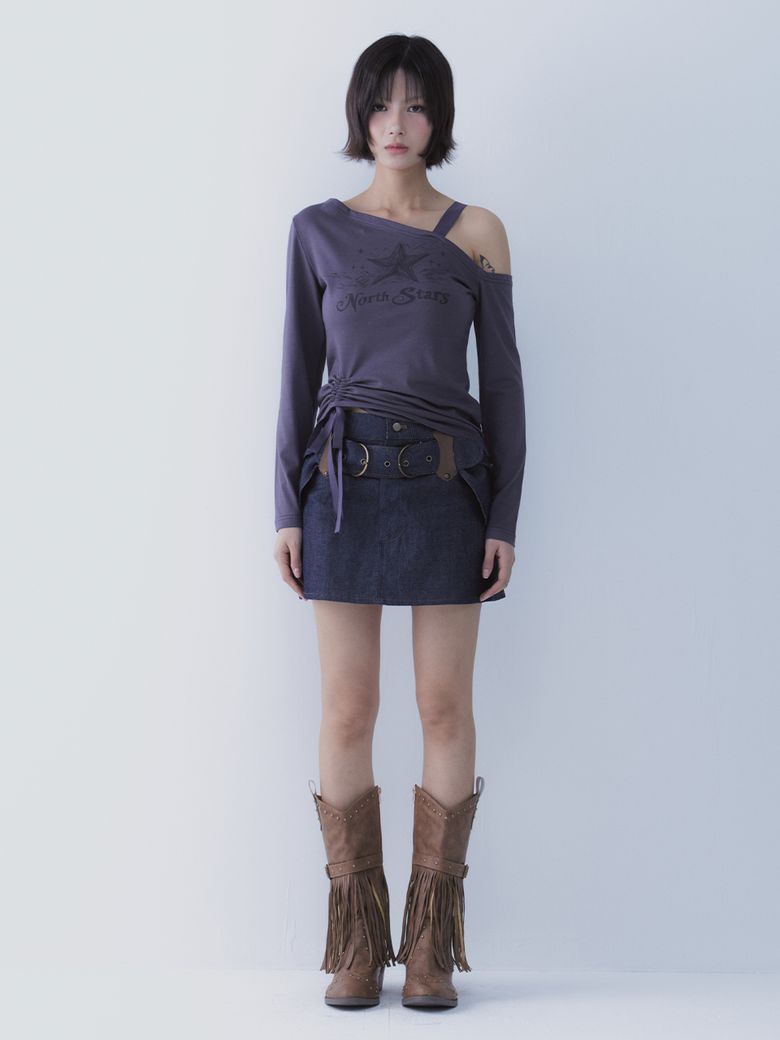 BELTED INDIGO DENIM MINI SKIRT