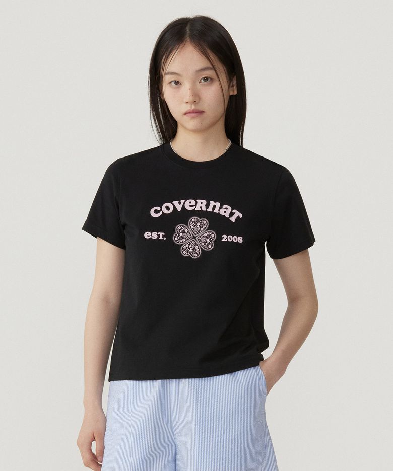 우먼 레귤러핏 아치 클로버하트 티셔츠 Black