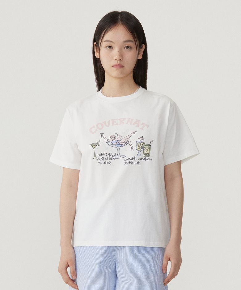 우먼 세미오버핏 칵테일 티셔츠 White