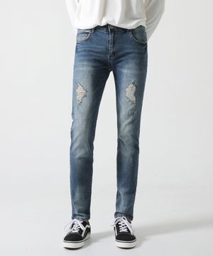 구제 데미지워싱 슬림 일자 청바지