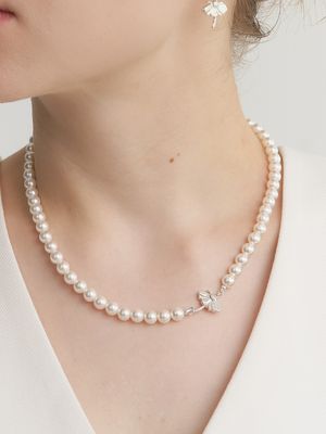 [Cotidiano]Signature Flower Side Pearl Silver Necklace In552