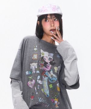 키르시 X 썬원버드 빅 오버 사이즈 그래픽 티셔츠 [멜란지 그레이]